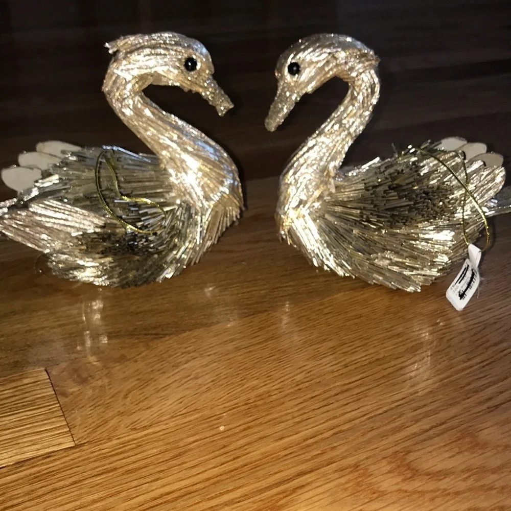 NWT Pair Anthropologie Gold Metallic Beaded Swan Ornaments
